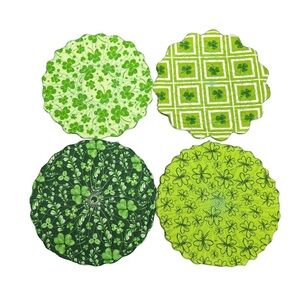 Hand Crafted Shamrock Coasters Set of 4 Round Quilted Green Four Leaf Clover
